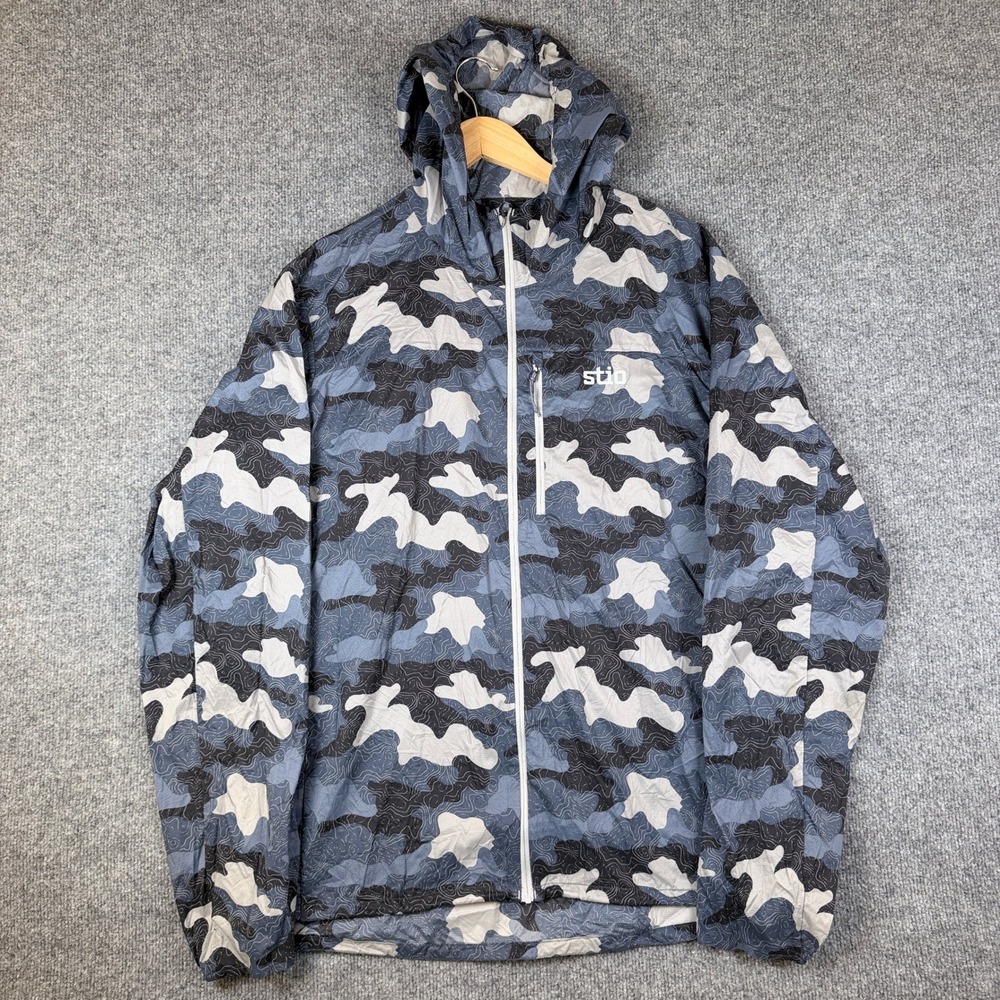 Stio Second Light Windshell Jacket Mens XL Blue Camo Hooded Ultralight Packable